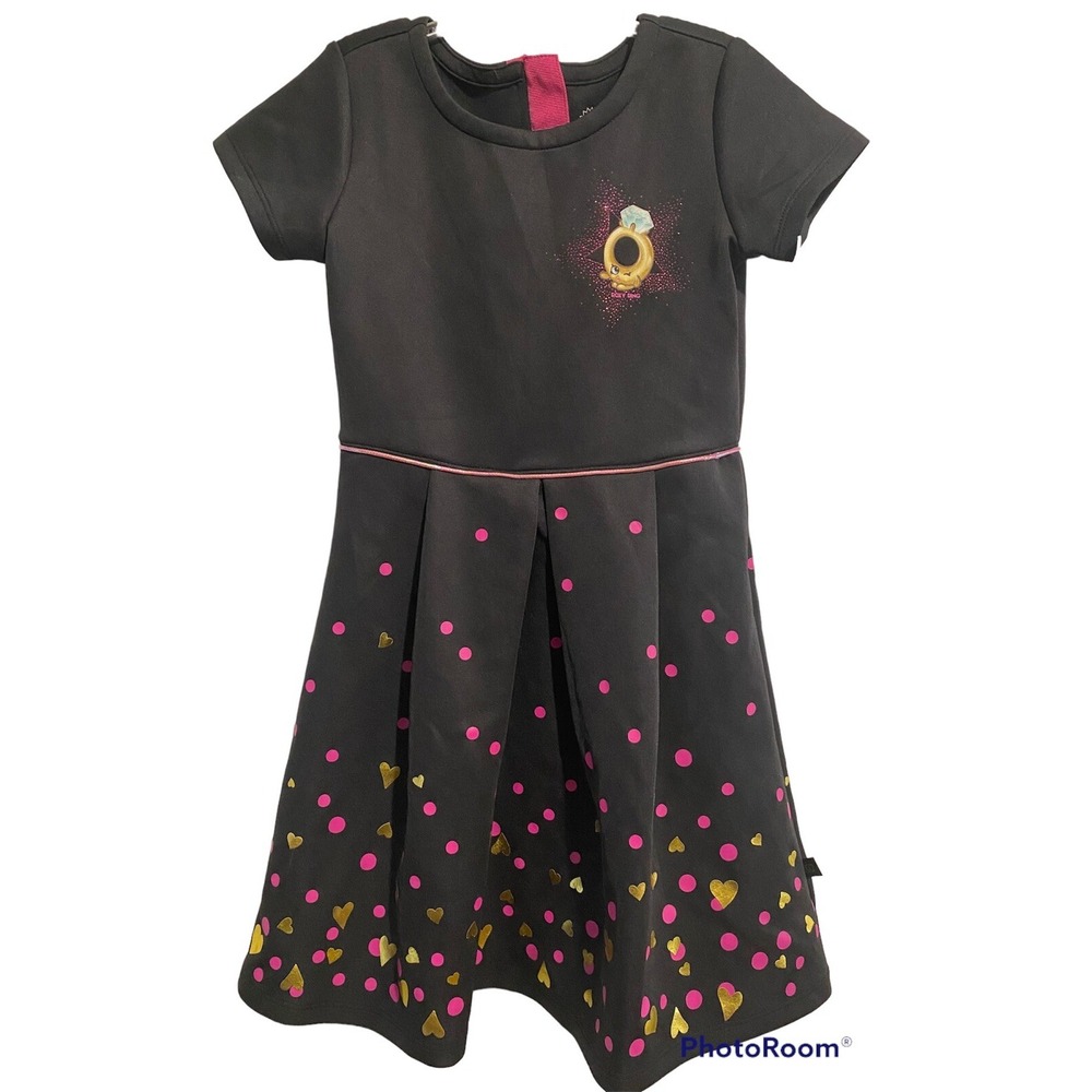 Shopkins Roxy Ring Girl's Dress Black Gold Hearts Dots Pink Accents NWT 7/8